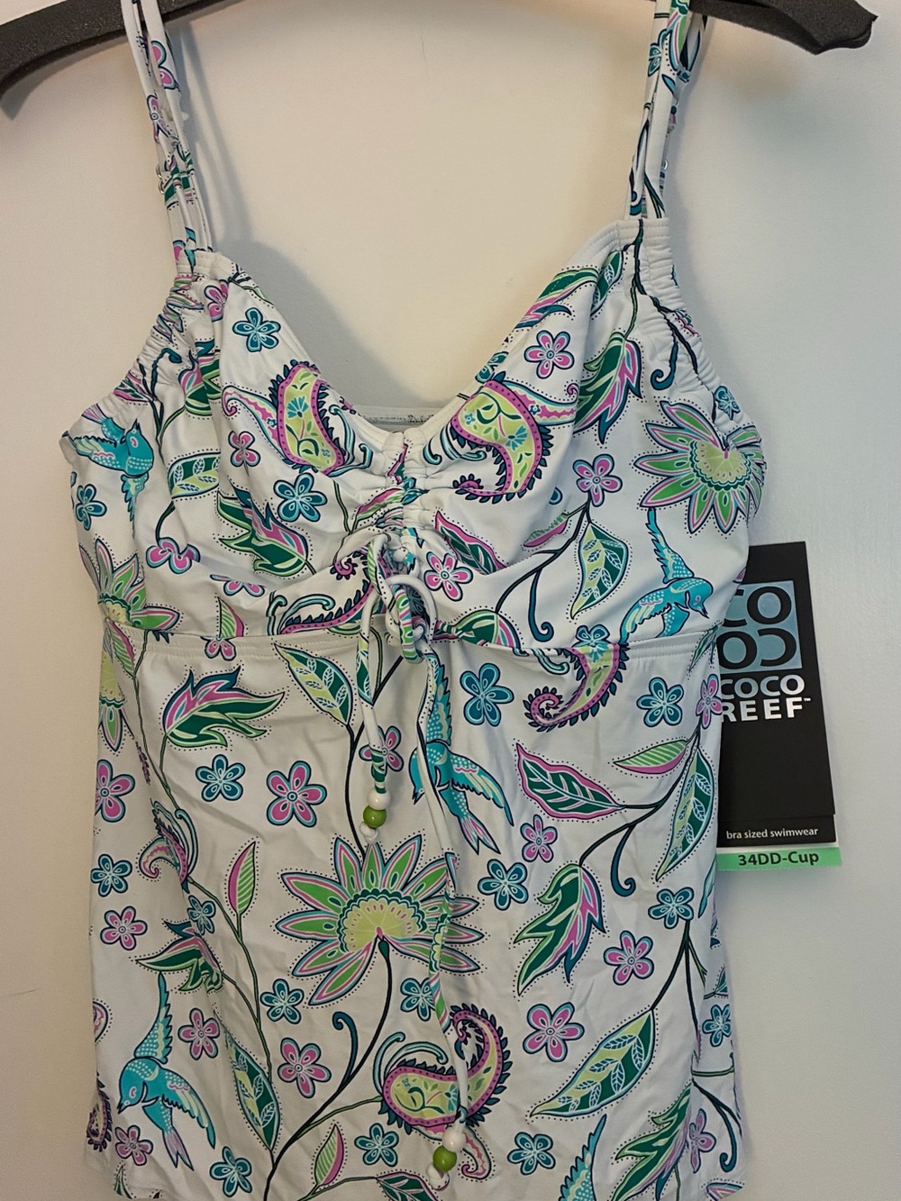 Coco Reef NWT Tankini Underwire Swim Top, 34DD, White with Floral Paisley